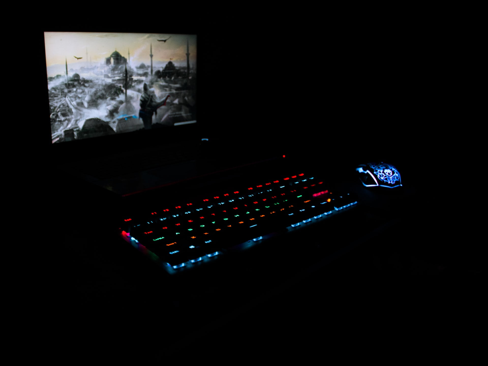 a keyboard in a dark room