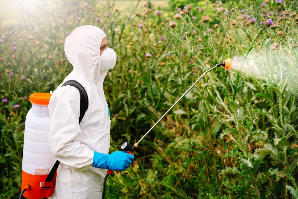 a person in a white coat holding a plastic bottle and spraying a substance