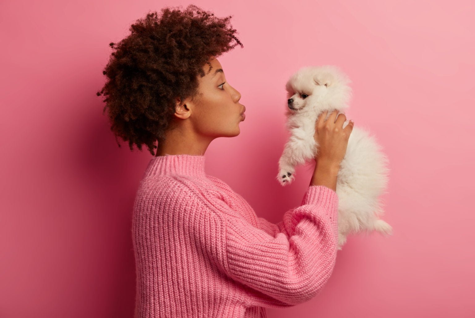 Profile shot of Afro American woman kisses breed dog, raises in hands, wears knitted sweater, poses