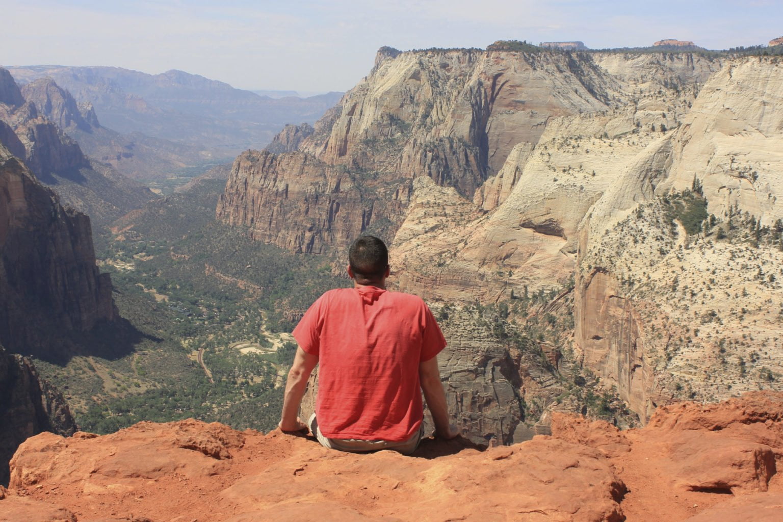 Man from behind at the top of observation point in Zion National park
