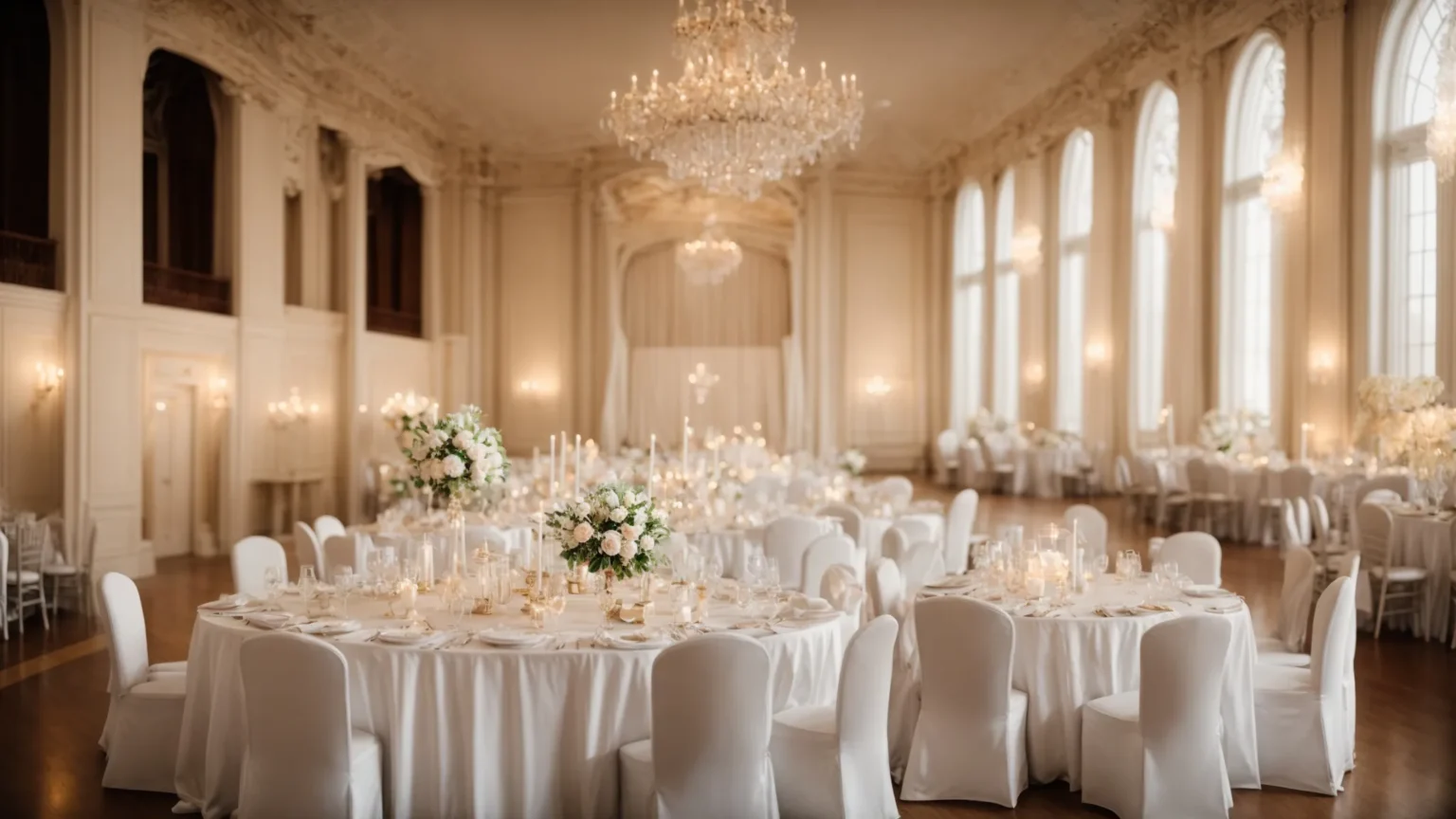 a spacious, elegant ballroom filled with round tables dressed in white linen, softly lit by overhead chandeliers.