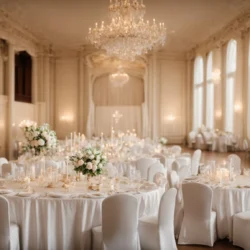 a spacious, elegant ballroom filled with round tables dressed in white linen, softly lit by overhead chandeliers.