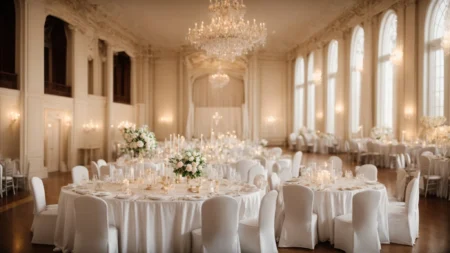 a spacious, elegant ballroom filled with round tables dressed in white linen, softly lit by overhead chandeliers.
