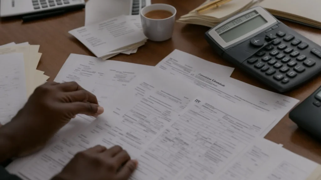 a person sitting at a desk, surrounded by tax forms and a calculator.