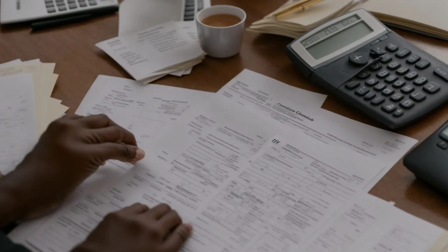 a person sitting at a desk, surrounded by tax forms and a calculator.