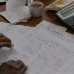 a person sitting at a desk, surrounded by tax forms and a calculator.