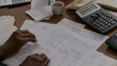 a person sitting at a desk, surrounded by tax forms and a calculator.