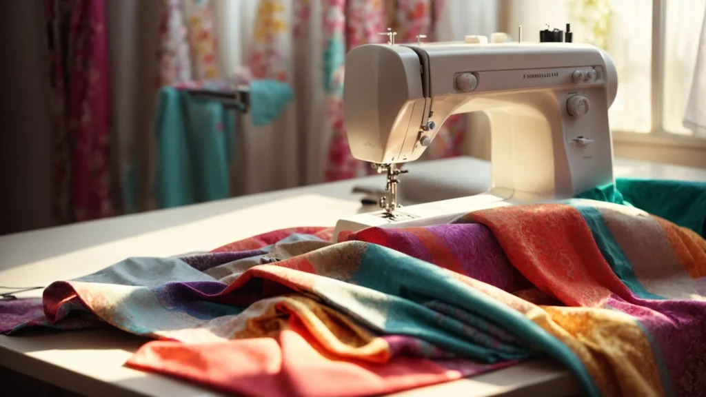a colorful array of fabric patterns and a sewing machine on a table, illuminated by the soft glow of daylight.