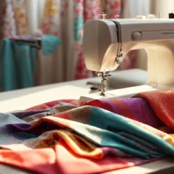a colorful array of fabric patterns and a sewing machine on a table, illuminated by the soft glow of daylight.