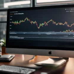 a computer screen displaying a rising graph symbolizing website traffic in a bright, modern office.