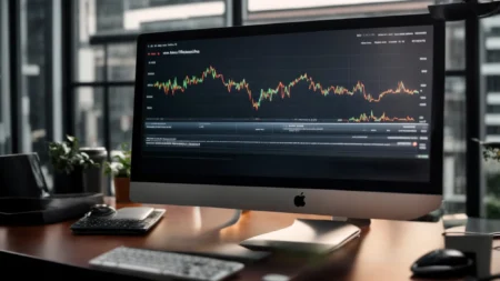 a computer screen displaying a rising graph symbolizing website traffic in a bright, modern office.