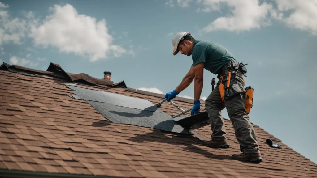 a team of uniformed roofers securely installs new shingles on a suburban home's roof under a clear sky.