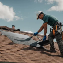 a team of uniformed roofers securely installs new shingles on a suburban home's roof under a clear sky.
