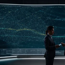 two professionals analyze a digital dashboard displaying a network of interconnected customer profiles on a large screen.
