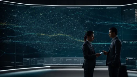two professionals analyze a digital dashboard displaying a network of interconnected customer profiles on a large screen.