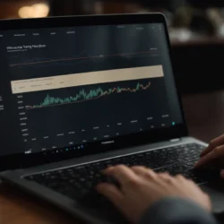 a person browsing a thriving online store on a laptop, with a chart of upward sales trends in the background.