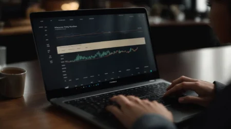 a person browsing a thriving online store on a laptop, with a chart of upward sales trends in the background.