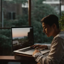 a person sits comfortably with a laptop open, engaging in a video call, surrounded by a serene, private space.