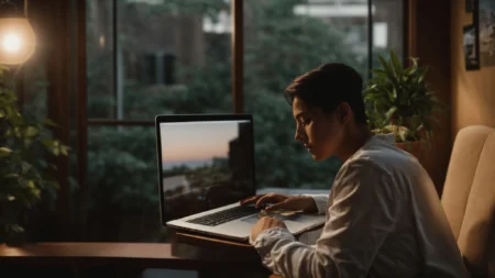 a person sits comfortably with a laptop open, engaging in a video call, surrounded by a serene, private space.