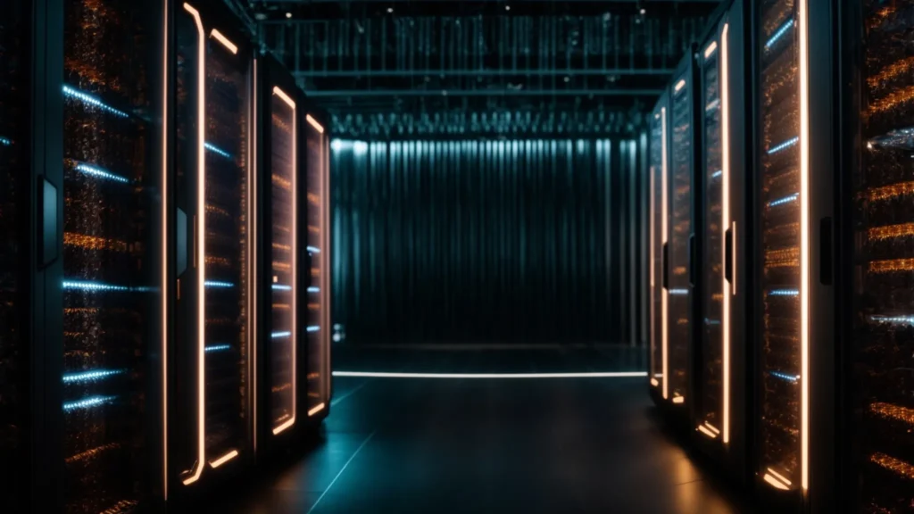 a network of futuristic servers illuminates a dark data center, symbolizing cutting-edge artificial intelligence storage technology.