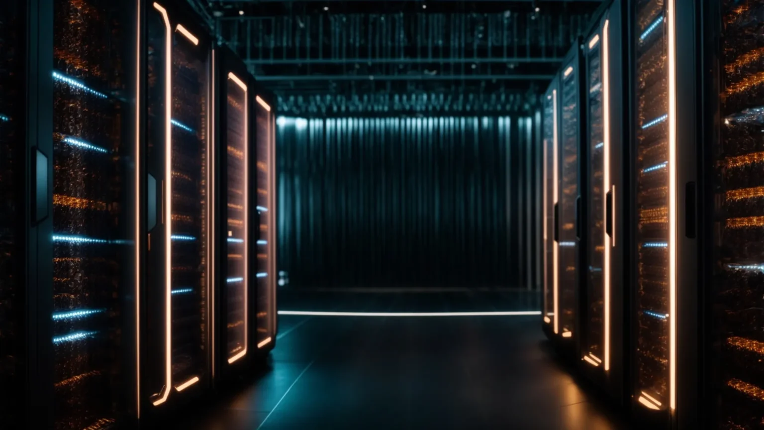 a network of futuristic servers illuminates a dark data center, symbolizing cutting-edge artificial intelligence storage technology.