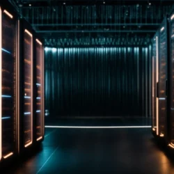 a network of futuristic servers illuminates a dark data center, symbolizing cutting-edge artificial intelligence storage technology.