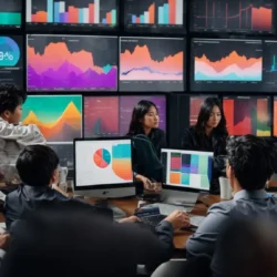 a laptop displaying colorful graphs and charts is surrounded by a team of sales professionals engaged in a strategic meeting.