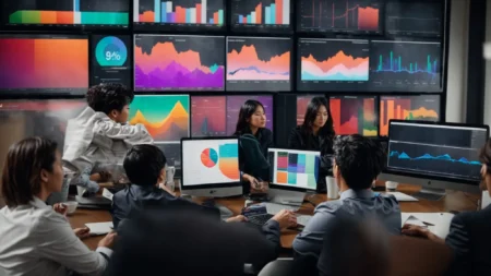 a laptop displaying colorful graphs and charts is surrounded by a team of sales professionals engaged in a strategic meeting.
