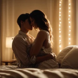 a couple gently embracing in a soft-lit bedroom, exuding intimacy and closeness.