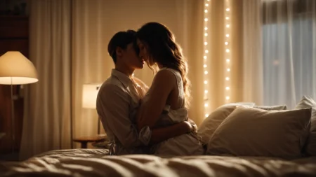 a couple gently embracing in a soft-lit bedroom, exuding intimacy and closeness.
