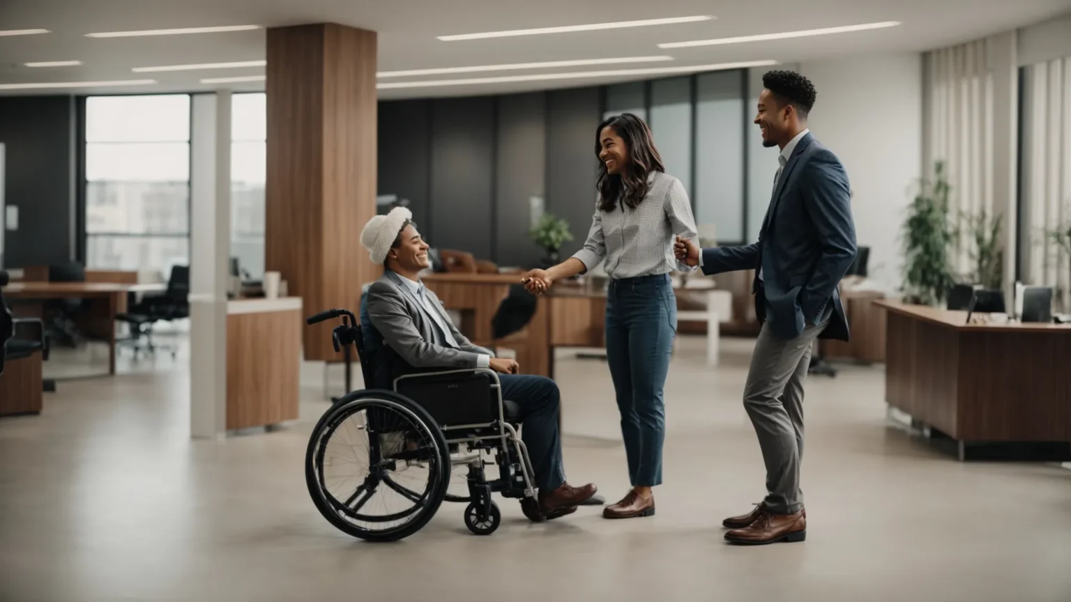 a person in a wheelchair smiling as they shake hands with a professional in an office setting, symbolizing a successful consultation.