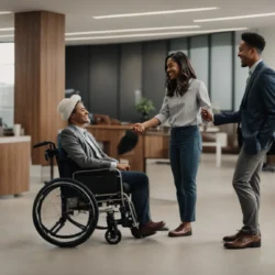 a person in a wheelchair smiling as they shake hands with a professional in an office setting, symbolizing a successful consultation.