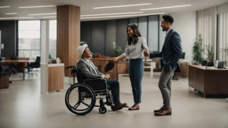 a person in a wheelchair smiling as they shake hands with a professional in an office setting, symbolizing a successful consultation.