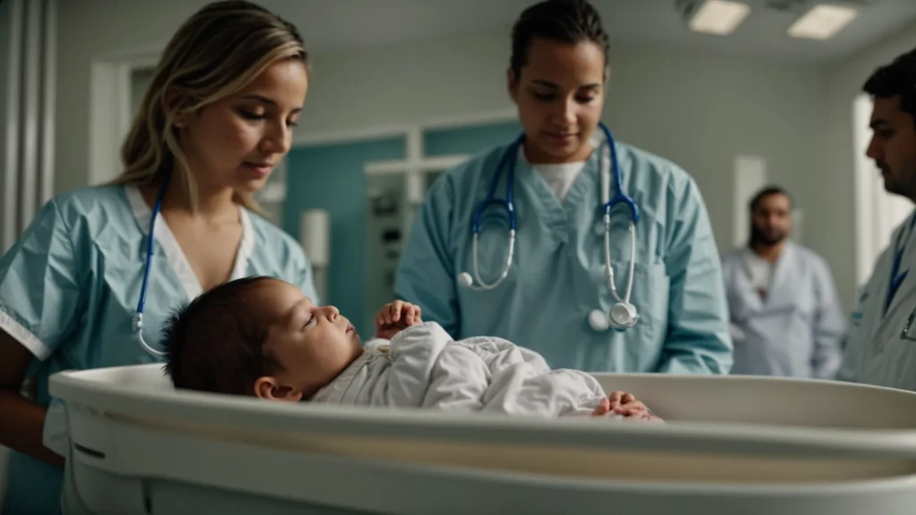 a newborn baby in a hospital bassinet with concerned parents talking to a doctor in the background.
