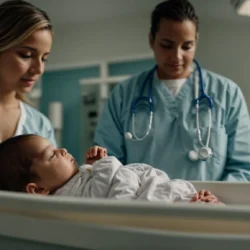 a newborn baby in a hospital bassinet with concerned parents talking to a doctor in the background.