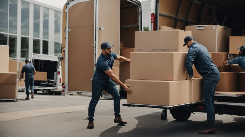 a team of professional movers carefully loads office equipment and furniture into a large moving truck.