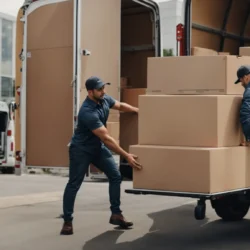 a team of professional movers carefully loads office equipment and furniture into a large moving truck.