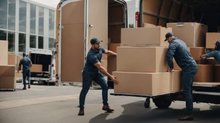 a team of professional movers carefully loads office equipment and furniture into a large moving truck.
