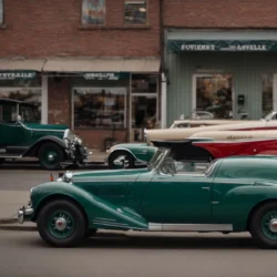 a row of various types of vehicles parked in front of a small business establishment.