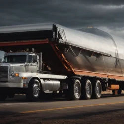 a heavy load securely fastened on a sleek aluminum flatbed truck showcases its superior towing capacity.