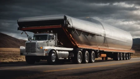 a heavy load securely fastened on a sleek aluminum flatbed truck showcases its superior towing capacity.