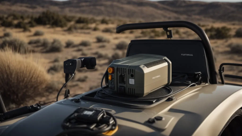 a rugged outdoor router mounted on a vehicle, showcasing advanced wireless communication technology in a remote location.