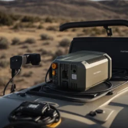 a rugged outdoor router mounted on a vehicle, showcasing advanced wireless communication technology in a remote location.