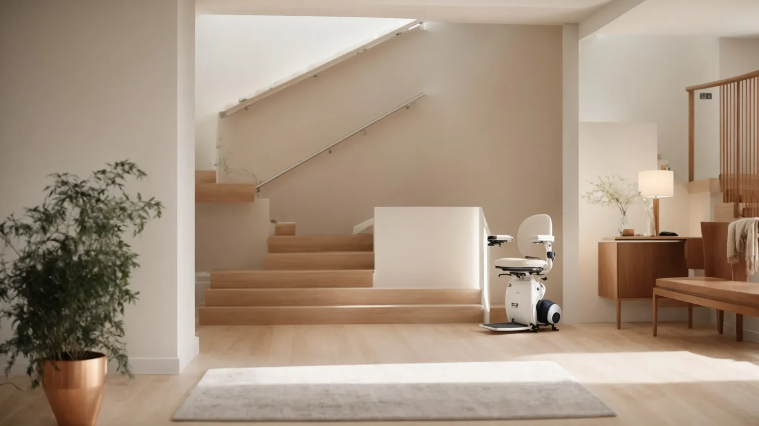 a well-lit room showcasing a sleek stair lift next to a smooth, gently sloping wheelchair ramp.