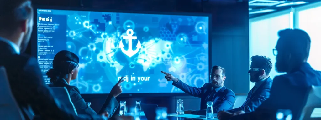 a group of business professionals gathered around a conference table, pointing to a large anchor symbol on a presentation screen displaying "the ai dj in your pocket" technology.