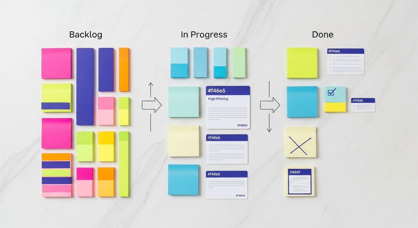 Kanban board view in project management software demonstrating agile workflow and AI automation