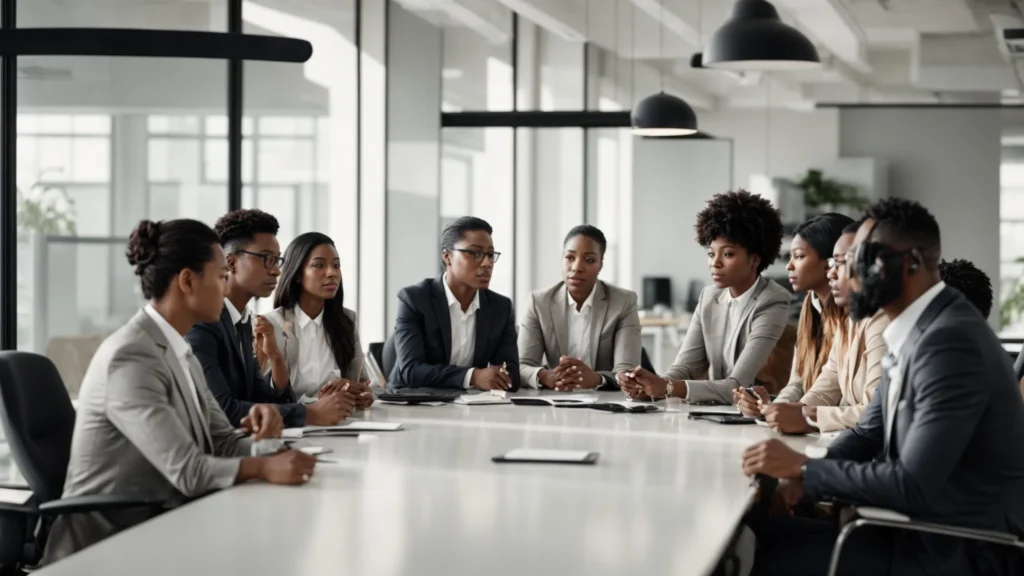 a diverse group of professionals is gathered around a sleek, modern conference table in a bright, airy office, discussing strategies.
