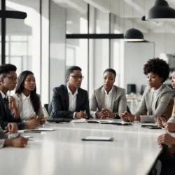 a diverse group of professionals is gathered around a sleek, modern conference table in a bright, airy office, discussing strategies.