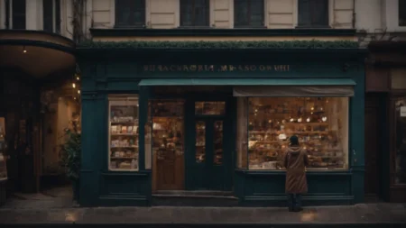 a small shop owner stands proudly outside their boutique with a digital device, showing a pin drop on a virtual map highlighting their location.