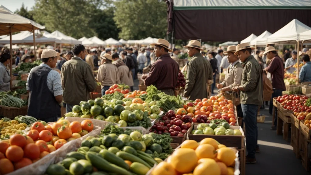 customers line up at a bustling outdoor farmers market, keenly selecting from an array of vibrant, fresh produce displayed under the roundhouse provisions banner.